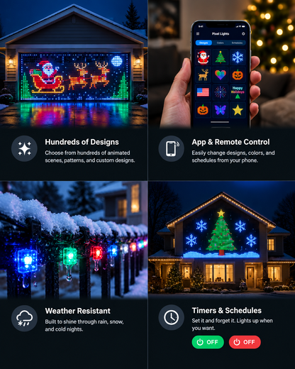 Four feature panels showing Petty Pixels LED curtain capabilities