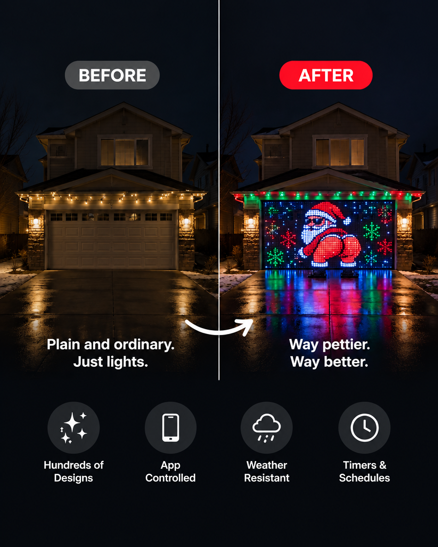 Before and after comparison of house with Petty Pixels LED curtain