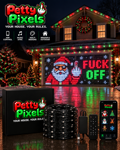 Petty Pixels full product infographic with garage LED display