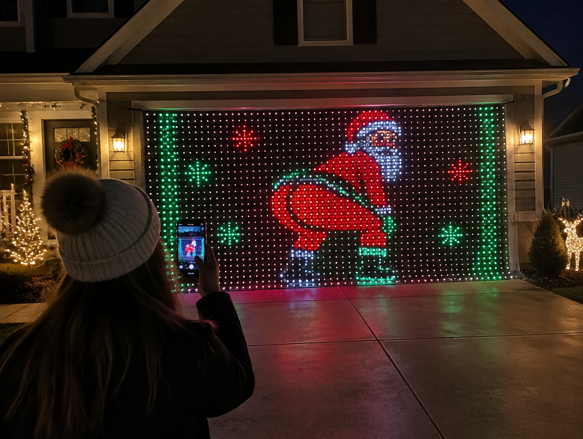 Person holding phone controlling LED pixel curtain lights on garage showing twerking Santa
