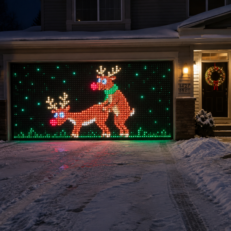LED pixel curtain lights showing humorous reindeer on garage door