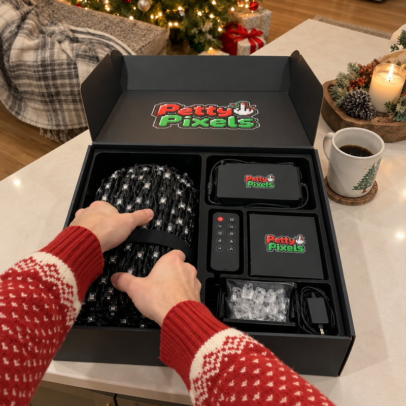 Customer unboxing Petty Pixels LED curtain lights in Christmas kitchen
